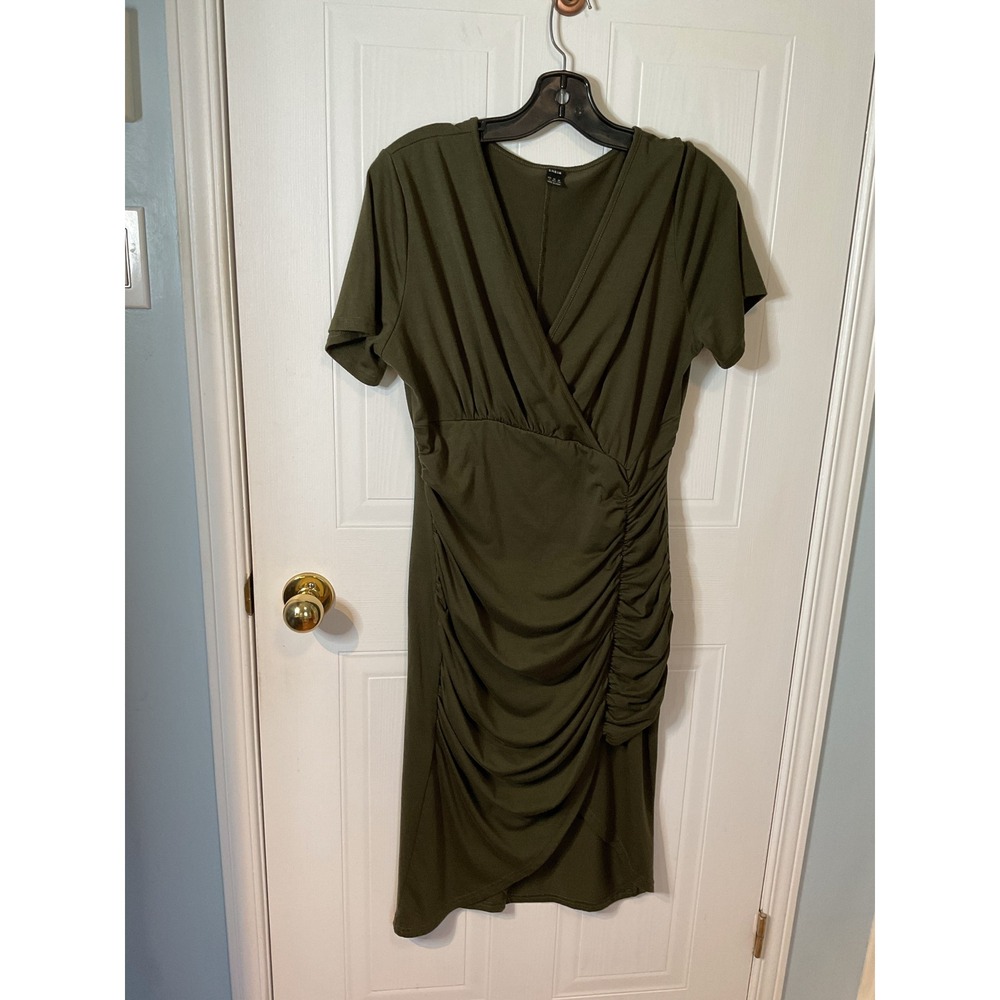 SHEIN Sheath Dress Womens L Olive Green Excellent Ruched V-Neck Short Sleeve